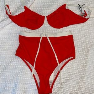 Solid & Stripped red high waisted bikini